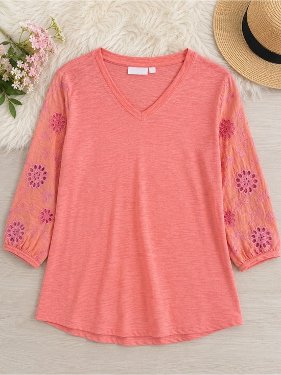 Belle by Kim Gravel Tops - 🧡🌸 Belle by Kim Gravel Contrast Eyelet Top – Orange/Lilac 3/4 Sleeves Size M🌸🧡